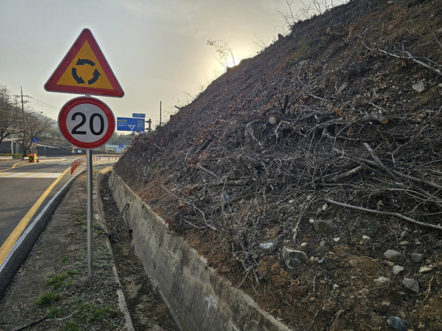 충주 마즈막재 정상 가파른 경사면이 도로를 둘러싸고 있지만 축대나 사면 보강 시설을 찾아볼수 없다.사진=김의상 기자
