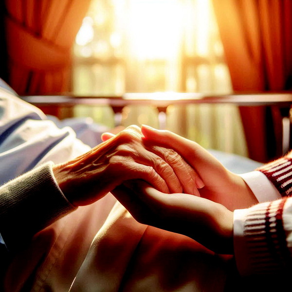 ▲ 병상에 누워 계신 할머니 손을 두 손으로 꼭 잡는 손녀. Copilot AI 이미지