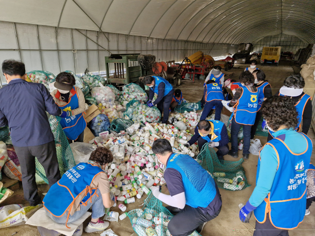 농협중앙회 대전지역본부와 신탄진농협, ㈔농가주부모임대전시연합회 등 관계자들이 17일 대전 유성구 대동 일원에서 영농폐기물 분류 활동을 진행하고 있다. 대전농협 제공