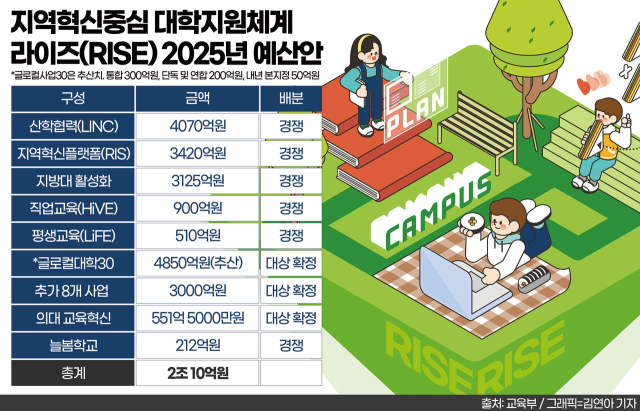 지역혁신중심 대학지원체계 라이즈(RISE) 2025년 예산안. 그래픽=김연아 기자.
