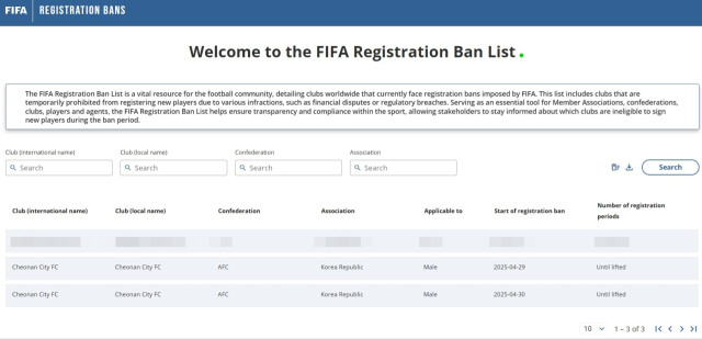 등록 금지 목록이 안내된 FIFA 사이트 캡쳐.