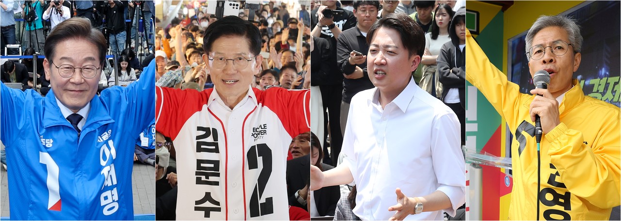 제21대 대통령 선출을 위한 공식 선거운동 이틀째인 13일 더불어민주당 이재명 대선 후보(사진 왼쪽부터)가 대구광역시 동성로 거리에서, 국민의힘 김문수 대선 후보가 울산 남구 신정시장에서, 개혁신당 이준석 대선 후보가 대구 경북대학교에서, 민주노동당 권영국 대선 후보가 서울 성신여대입구역 인근에서 집중 유세를 하고 있다. 2025.5.13 사진=연합뉴스.