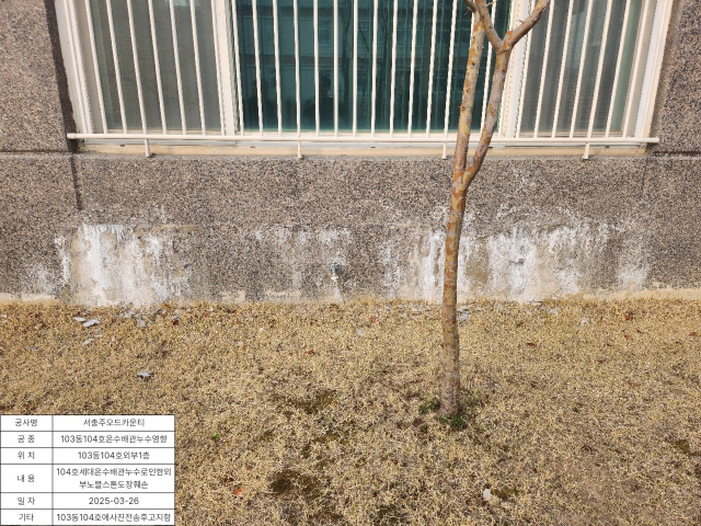 거실 누수가 발생되어 아파트 난간벽에 흰색 백태 현상이 발생된 모습.사진=독자제공