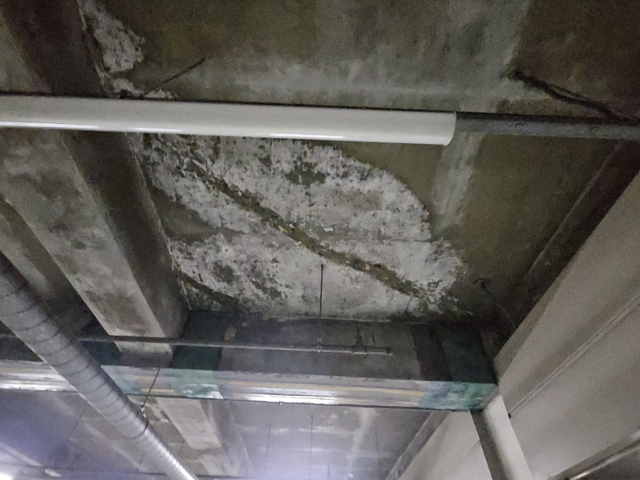 충주시청 지하주차장 천정이 누수 발생으로 백태 현상이 발생된 상태의 모습.사진=김의상 기자