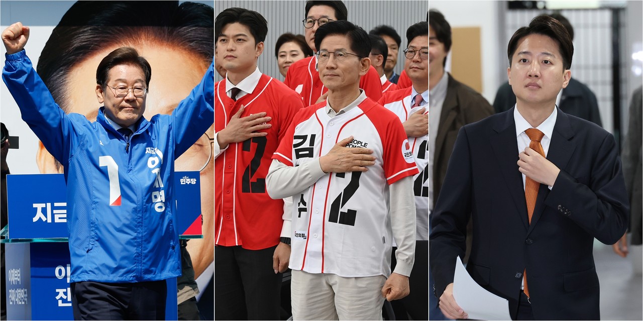 제21대 대통령 선출을 위한 공식 선거운동이 시작된 12일 더불어민주당 이재명 대선 후보(왼쪽)가 서울 광화문 청계광장에서 열린 출정식에서 후보 연설을, 국민의힘 김문수 대선 후보(가운데)가 여의도 중앙당사에서 열린 중앙선대위 임명장 수여식에서 국민의례를, 개혁신당 이준석 대선 후보가 국회 소통관에서 선거 구상 발표 준비를 각각 하고 있다. 2025.5.12 사진=연합뉴스. 