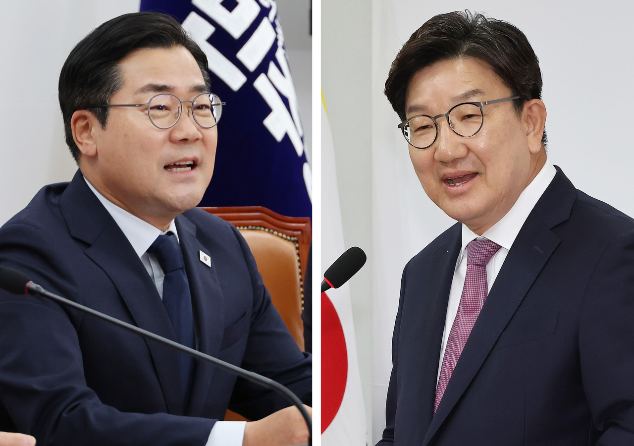 더불어민주당 당대표 직무대행 겸 원내대표(왼쪽)와 국민의힘 권성동 원내대표가 12일 서울 여의도 국회에서 각각 열린 퇴임 기자회견에서 소회를 밝히고 있다. 2025.6.12 사진=연합뉴스. 