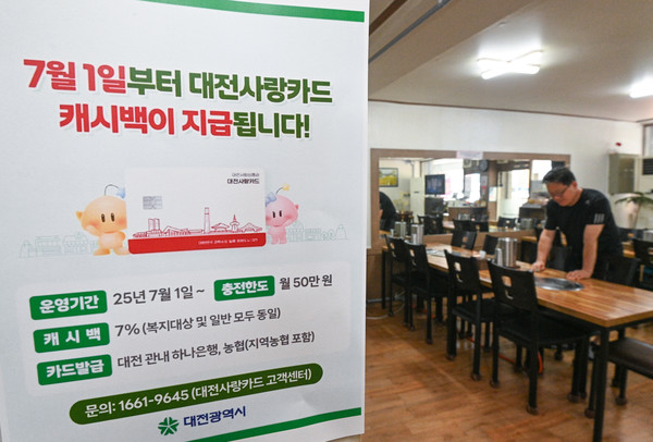 '대전사랑카드'가 7월 1일부터 본격 운영에 들어가는 가운데 30일 대전 유성구의 한 가맹점에서 점주가 관련 안내문을 붙이고 있다. '대전사랑카드'는 관내 하나은행과 농협에서 발급받을 수 있다. 김주형 기자 kjh2667_@cctoday.co.kr