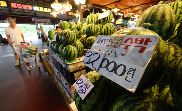 무더위에 물량 부족 및 수요 증가로 수박 가격이 계속해서 오르고 있는 15일 서울 시내의 한 시장에 수박이 진열돼 있다. 이날 한국농수산식품유통공사(aT) 집계에 따르면 전날 수박(상품) 한 통 평균 소매 가격은 전통시장에서 3만327원으로 3만원을 돌파했다. 사진=연합뉴스 제공