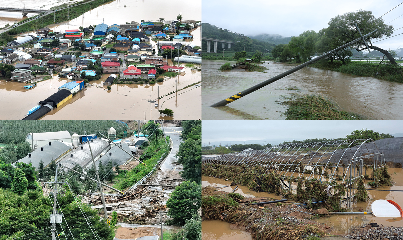 (왼쪽부터 시계방향) 1.17일 충남 예산군 삽교읍 용동3리 일대 마을이 폭우로 침수돼 있다. 2025.7.17 2.17일 오후 호우특보가 내려진 충남 공주시 사곡면에서 한 도로가 무너져 내렸고 전봇대가 위태롭게 쓰러져 있다. 2025.7.17 3. 17일 오전 충남 서산에 많게는 400㎜ 넘는 물 폭탄이 쏟아진 가운데 서산시 음암면 유계리의 뼈대에 부유물이 잔뜩 걸려 있다. 2025.7.17 4.  중부지방에 폭우가 내린 17일 산사태가 발생한 충남 예산군 봉산면 봉운로 전신주들이 흘러내린 토사로 인해 넘어져 있다. 2025.7.17 사진=연합뉴스. 
