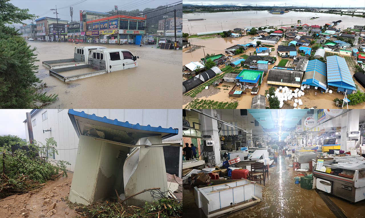 (왼쪽부터 시계방향으로) 1. 세종지역에 이틀간 200~300mm가 넘는 많은 비가 내리면서 17일 오전 조치원 신안리 일대를 지나는 1번국도 일부 구간이 물에 잠겼다. 도로변 공터에 주차된 차가 빗물 속에 그대로 남겨져 있다. 2025.7.17 2.17일 충남 예산군 삽교읍 용동3리 일대 마을이 폭우로 침수돼 있다. 2025.7.17 3. 17일 오전 집중호우로 침수된 충남 당진시 읍내동 당진어시장이 처참한 모습이다. 지난해 여름에도 침수 피해를 겪은 당진 어시장은 전날부터 쏟아진 집중 호우에 또다시 대부분이 침수됐다. 2025.7.17 4. 17일 오전 충남 서산에 많게는 400㎜ 넘는 물 폭탄이 쏟아진 가운데 음암면 유계리를 지나는 도당천이 범람하면서 물에 잠겼던 한 주택 거실이 난장판으로 변해 있다. 2025.7.17 사진=연합뉴스. 