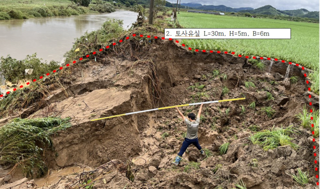 최근 집중호우로 부여군 규암면 금암리 지천 제방이 수해 피해를 입은 모습. 충남도 제공.