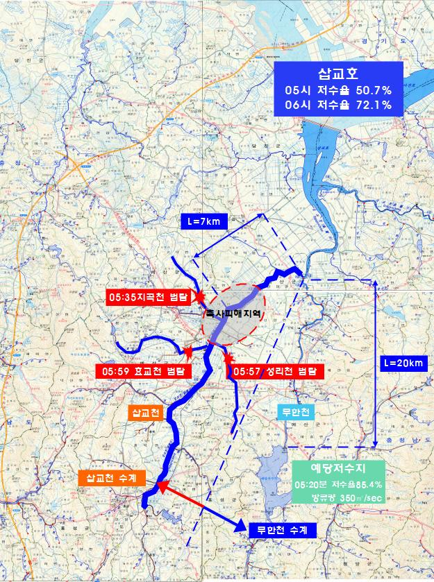 침수피해 발생당시(7.17 오전 5시 35분경) 삽교호 유역 상황. 한국농어촌공사 제공