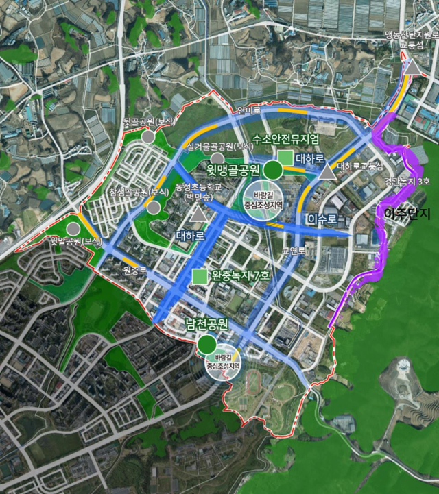 음성군은 지난 18일 도시바람길숲 조성사업 최종보고회흫 개최했다. 사진은 도시바람길숲 조성사업 대상지 위치도. 음성군 제공