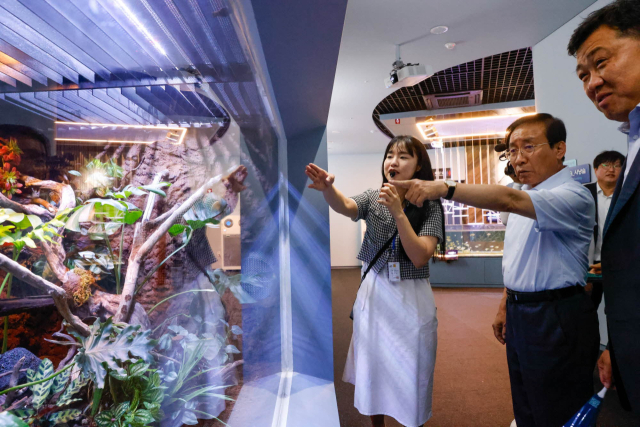 대한민국 민물고기 수족관 1번지로의 위상을 강화하고 있는 다누리아쿠아리움은 7월 한 달간 관람객은 31,343명으로 증가했고 수입은 2억 9554만원이다. 사진은 관람하고 있는 김문근 단양군수와 이상훈 군의장. 단양군 제공