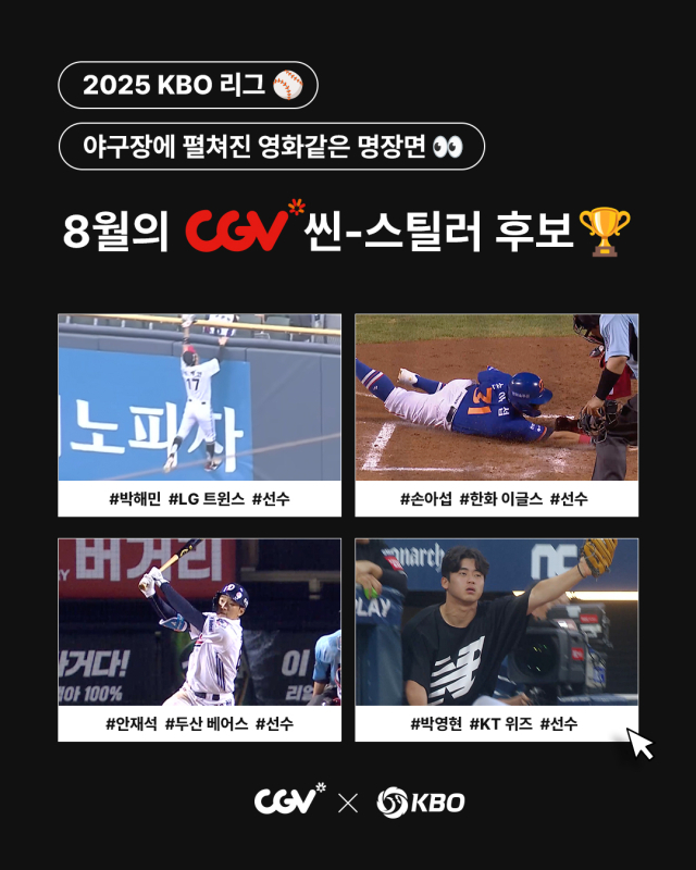 KBO와 CGV가 공동 제정한 '월간 CGV 씬-스틸러상'의 8월 수상자 후보 포스터. KBO 제공