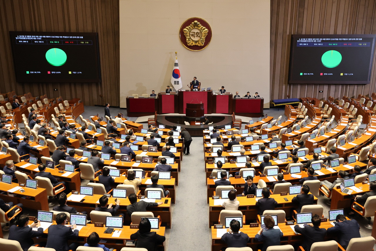 지난 11일 국회 본회의에서 '윤석열 전 대통령 등에 의한 내란·외환 행위의 진상규명을 위한 특별검사 임명 등에 관한 법률 일부개정법률안'에 대한 수정안이 여당 주도로 통과되고 있다. 2025.9.11 사진=연합뉴스. 