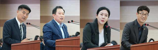 시정질문을 실시하는 맹의석·천철호·김은아·안정근 시의원 모습, 아산시의회 제공