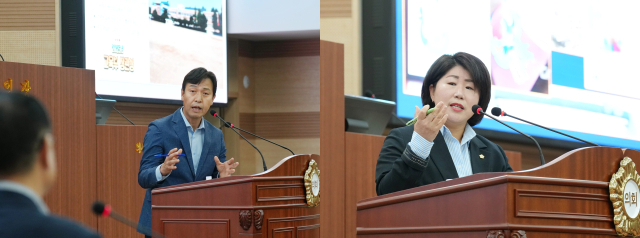 시정질문하는 명노봉, 김은복 아산시의원 모습. 아산시의회 제공