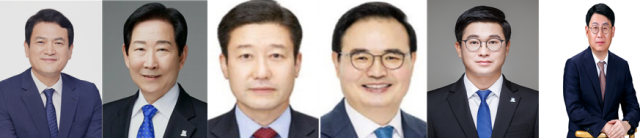 더불어민주당 충주시장 후보자 왼쪽부터 김경욱 전 국토부 차관, 우건도 전 충주시장, 노승일 현 충주지역위원장, 맹정섭 전 충주지역위원장, 곽명환 현 충주시부의장, 이태성 새로운충주포럼 상임대표.사진=충청투데이