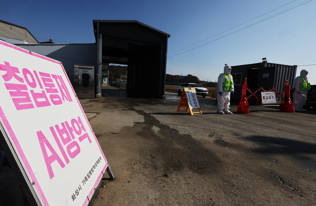 16일 고병원성 조류인플루엔자 항원이 확인된 경기도 화성시 한 산란계 농장 출입이 통제되고 있다.고병원성 조류인플루엔자(AI) 중앙사고수습본부는 경기 화성 소재 산란계 농장에서 16일 H5형 AI 항원이 확인됐다고 밝혔다. 2025.11.16 사진=연합뉴스.