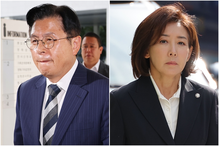 자유와혁신 황교안 대표(왼쪽)와 국민의힘 나경원 의원이 지난 9월 15일 서울 양천구 서울남부지방법원에서 열린 '국회 패스트트랙(신속처리안건) 충돌 사건' 1심 결심 공판에 출석하고 있다. 2025.9.15 사진=연합뉴스. 