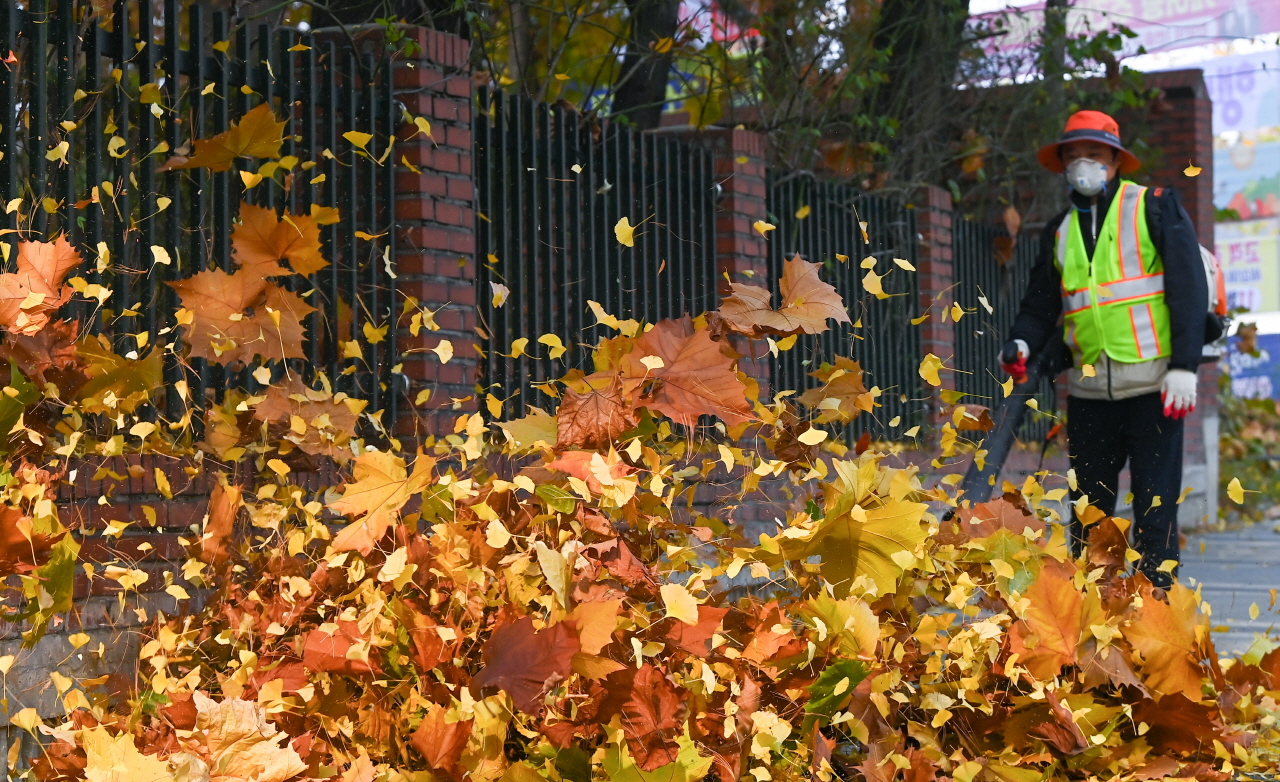 가을이 끝나가고 있는 가운데 24일 대전 서구 둔산동 인근에서 서구청 자원순환과 도시청결팀 직원이 도로에 쌓인 낙엽을 청소하고 있다. 김주형 기자 kjh2667_@cctoday.co.kr