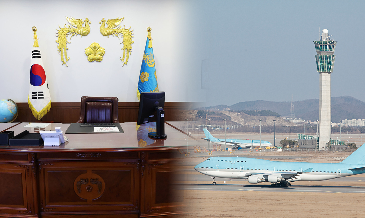 서울 종로구 청와대 사랑채 청와대관에 마련된 대통령 집무실 체험관 모습. 사진=연합뉴스. (왼쪽) 공항. 클립아트코리아 제공. (오른쪽) 