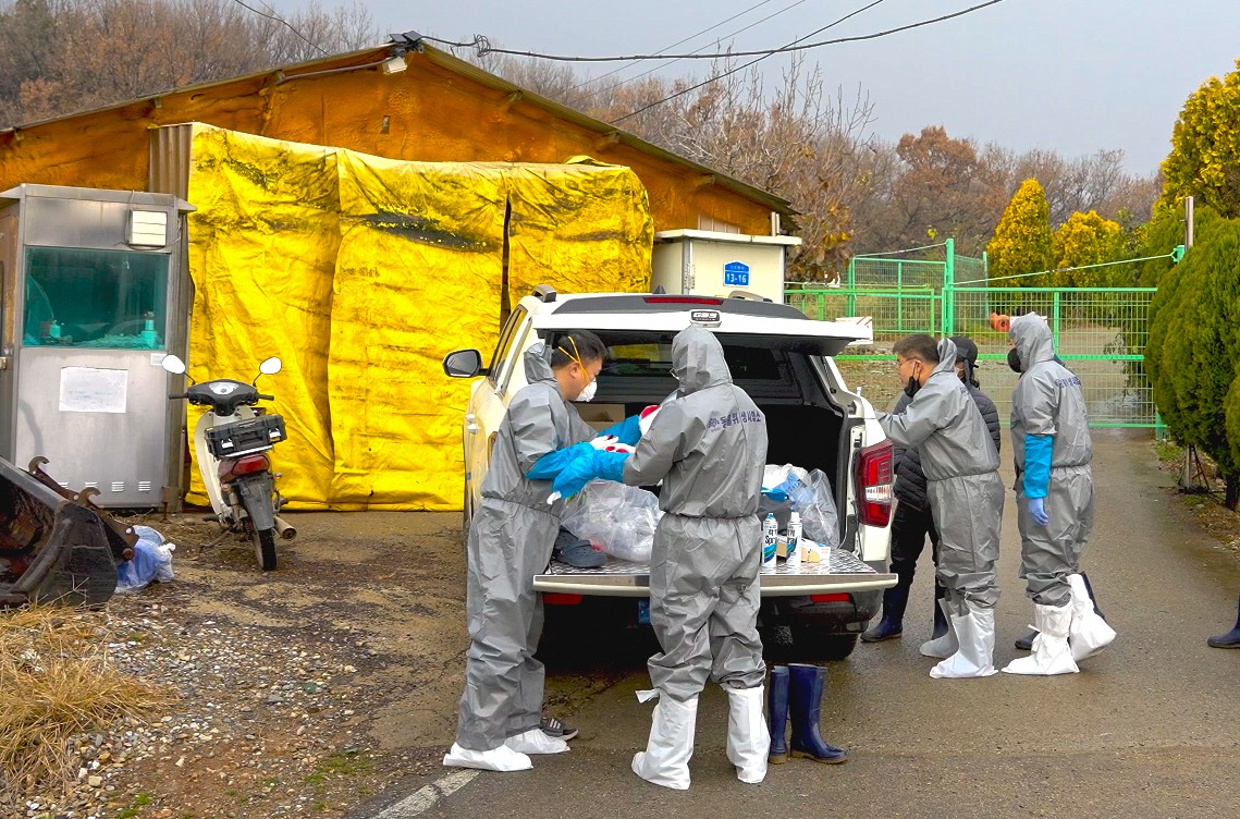 충남 당진시 송산면 돼지농장에서 도내 처음으로 아프리카돼지열병(ASF)이 발생한 가운데 방역 당국 관계자들이 25일 농장 주변 방역을 준비하고 있다. 2025.11.25 [당진시 제공. 재판매 및 DB 금지]